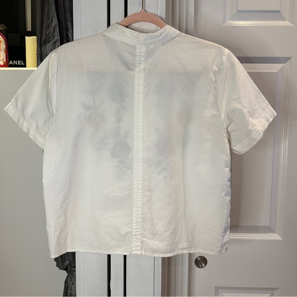 Boxy White Cropped Top Button Up Embroidered Floral Cross Stitch Collared Small - Picture 4 of 5